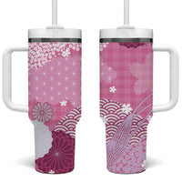 Pink Palaka Japanese Patterns Tumbler With Handle Asanoha Seigaiha Sakura Motif - Polynesian Pride