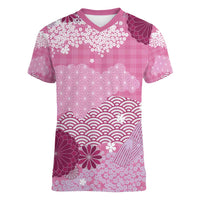 Pink Palaka Japanese Patterns Women V-Neck T-Shirt Asanoha Seigaiha Sakura Motif - Polynesian Pride