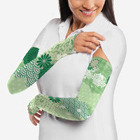 Green Palaka Japanese Patterns Arm Sleeves Asanoha Seigaiha Sakura Motif LT14 - Polynesian Pride