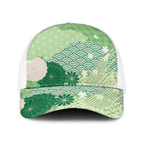 Green Japanese Traditional Motifs Baseball Net Cap Palaka With Asanoha Seigaiha Sakura LT14 One Size White Green - Polynesian Pride