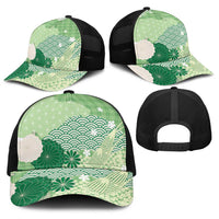 Green Japanese Traditional Motifs Baseball Net Cap Palaka With Asanoha Seigaiha Sakura LT14 - Polynesian Pride