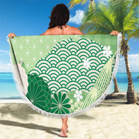 Green Palaka Japanese Patterns Beach Blanket Asanoha Seigaiha Sakura Motif - Polynesian Pride