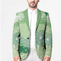 Green Palaka Japanese Patterns Blazer Asanoha Seigaiha Sakura Motif LT14 - Polynesian Pride