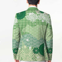 Green Palaka Japanese Patterns Blazer Asanoha Seigaiha Sakura Motif LT14 - Polynesian Pride