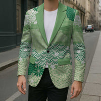 Green Palaka Japanese Patterns Blazer Asanoha Seigaiha Sakura Motif LT14 - Polynesian Pride