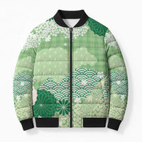 Green Palaka Japanese Patterns Bomber Puffer Jacket Asanoha Seigaiha Sakura Motif LT14 Unisex Green - Polynesian Pride