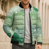 Green Palaka Japanese Patterns Bomber Puffer Jacket Asanoha Seigaiha Sakura Motif LT14 - Polynesian Pride