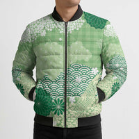 Green Palaka Japanese Patterns Bomber Puffer Jacket Asanoha Seigaiha Sakura Motif LT14 - Polynesian Pride