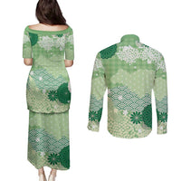 Green Palaka Japanese Patterns Couples Matching Puletasi and Long Sleeve Button Shirt Asanoha Seigaiha Sakura Motif LT14 - Polynesian Pride