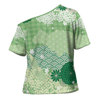 Green Palaka Japanese Patterns Cross Shoulder Shirt Asanoha Seigaiha Sakura Motif LT14 - Polynesian Pride