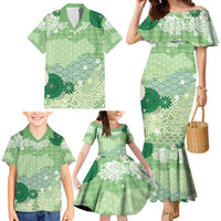 Green Palaka Japanese Patterns Family Matching Mermaid Dress and Hawaiian Shirt Asanoha Seigaiha Sakura Motif - Polynesian Pride