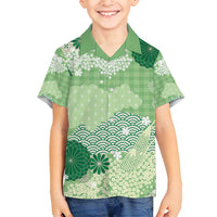 Green Palaka Japanese Patterns Family Matching Off Shoulder Short Dress and Hawaiian Shirt Asanoha Seigaiha Sakura Motif - Polynesian Pride