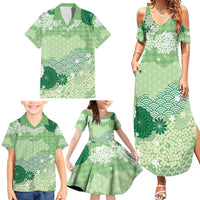 Green Palaka Japanese Patterns Family Matching Summer Maxi Dress and Hawaiian Shirt Asanoha Seigaiha Sakura Motif - Polynesian Pride