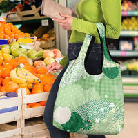 Green Palaka Japanese Patterns Grocery Bag Asanoha Seigaiha Sakura Motif - Polynesian Pride