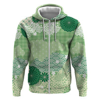 Green Palaka Japanese Patterns Hoodie Asanoha Seigaiha Sakura Motif - Polynesian Pride