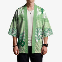 Green Palaka Japanese Patterns Kimono Asanoha Seigaiha Sakura Motif - Polynesian Pride