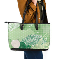 Green Palaka Japanese Patterns Leather Tote Bag Asanoha Seigaiha Sakura Motif - Polynesian Pride