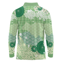 Green Palaka Japanese Patterns Long Sleeve Polo Shirt Asanoha Seigaiha Sakura Motif LT14 - Polynesian Pride
