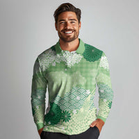 Green Palaka Japanese Patterns Long Sleeve Polo Shirt Asanoha Seigaiha Sakura Motif LT14 - Polynesian Pride