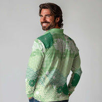 Green Palaka Japanese Patterns Long Sleeve Polo Shirt Asanoha Seigaiha Sakura Motif LT14 - Polynesian Pride