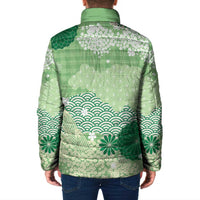 Green Palaka Japanese Patterns Padded Jacket Asanoha Seigaiha Sakura Motif LT14 - Polynesian Pride