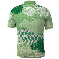 Green Palaka Japanese Patterns Polo Shirt Asanoha Seigaiha Sakura Motif - Polynesian Pride