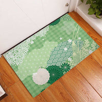 Green Palaka Japanese Patterns Rubber Doormat Asanoha Seigaiha Sakura Motif LT14 - Polynesian Pride