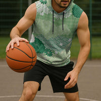 Green Palaka Japanese Patterns Sleeveless Hoodie Asanoha Seigaiha Sakura Motif LT14 - Polynesian Pride