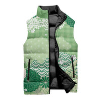 Green Palaka Japanese Patterns Sleeveless Puffer Jacket Asanoha Seigaiha Sakura Motif LT14 - Polynesian Pride