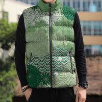 Green Palaka Japanese Patterns Sleeveless Puffer Jacket Asanoha Seigaiha Sakura Motif LT14 - Polynesian Pride