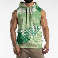 Green Palaka Japanese Patterns Sleeveless Zip Hoodie Asanoha Seigaiha Sakura Motif LT14 - Polynesian Pride