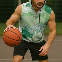 Green Palaka Japanese Patterns Sleeveless Zip Hoodie Asanoha Seigaiha Sakura Motif LT14 - Polynesian Pride