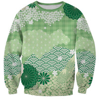 Green Palaka Japanese Patterns Sweatshirt Asanoha Seigaiha Sakura Motif LT14 Unisex Green - Polynesian Pride