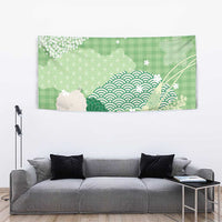 Green Palaka Japanese Patterns Tapestry Asanoha Seigaiha Sakura Motif - Polynesian Pride