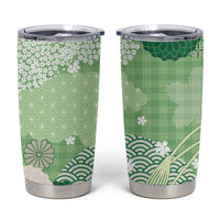 Green Palaka Japanese Patterns Tumbler Cup Asanoha Seigaiha Sakura Motif - Polynesian Pride