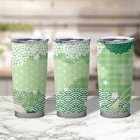 Green Palaka Japanese Patterns Tumbler Cup Asanoha Seigaiha Sakura Motif - Polynesian Pride