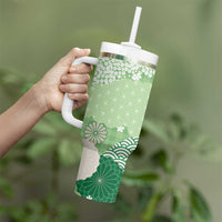 Green Palaka Japanese Patterns Tumbler With Handle Asanoha Seigaiha Sakura Motif - Polynesian Pride