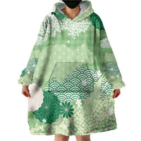 Green Palaka Japanese Patterns Wearable Blanket Hoodie Asanoha Seigaiha Sakura Motif LT14 - Polynesian Pride