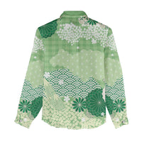 Green Palaka Japanese Patterns Women Casual Shirt Asanoha Seigaiha Sakura Motif - Polynesian Pride