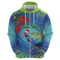 New Zealand Takahe Christmas Zip Hoodie Maori Fern Mix Pohotukawa