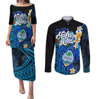 Hafa Adai Guam Couples Matching Puletasi Dress and Long Sleeve Button Shirt Guahan Sea Turtle Tropical Style LT14 Blue - Polynesian Pride