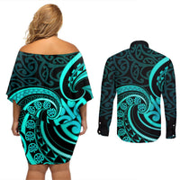 Turquoise New Zealand Mangopare Couples Matching Off Shoulder Short Dress and Long Sleeve Button Shirt Aotearoa Maori Koru Style LT14 - Polynesian Pride