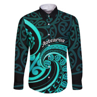 Turquoise New Zealand Mangopare Family Matching Short Sleeve Bodycon Dress and Hawaiian Shirt Aotearoa Maori Koru Style LT14 Dad's Shirt - Long Sleeve Turquoise - Polynesian Pride