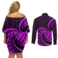 Purple Aotearoa Mangopare Couples Matching Off Shoulder Short Dress and Long Sleeve Button Shirt NZ Maori Koru Style LT14 - Polynesian Pride