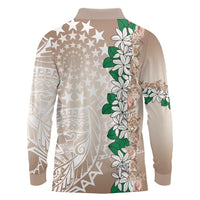 Cook Islands Tiare Maori With Conch Shell Long Sleeve Polo Shirt 2025 Pasifika Polynesian Tattoo