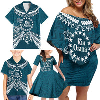 Kia Orana Cook Islands Family Matching Off Shoulder Short Dress and Hawaiian Shirt Polynesian Turtle Crowberry Blue Color