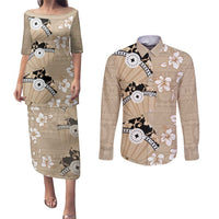 Bula Fiji Iri Buli Couples Matching Puletasi and Long Sleeve Button Shirt Woven Fan With Fijian Tapa