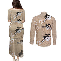 Bula Fiji Iri Buli Couples Matching Puletasi and Long Sleeve Button Shirt Woven Fan With Fijian Tapa