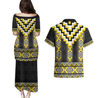 Yellow Taniko Aotearoa Couples Matching Puletasi and Hawaiian Shirt Niho Taniwha Mix Poutama LT14 - Polynesian Pride