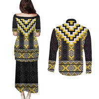 Yellow Taniko Aotearoa Couples Matching Puletasi and Long Sleeve Button Shirt Niho Taniwha Mix Poutama LT14 - Polynesian Pride